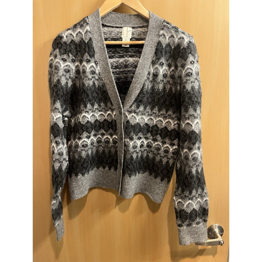 Joie Grey Patterned Fair Isle Fuzzy Button Cardigan Wool Blend Women Size Small